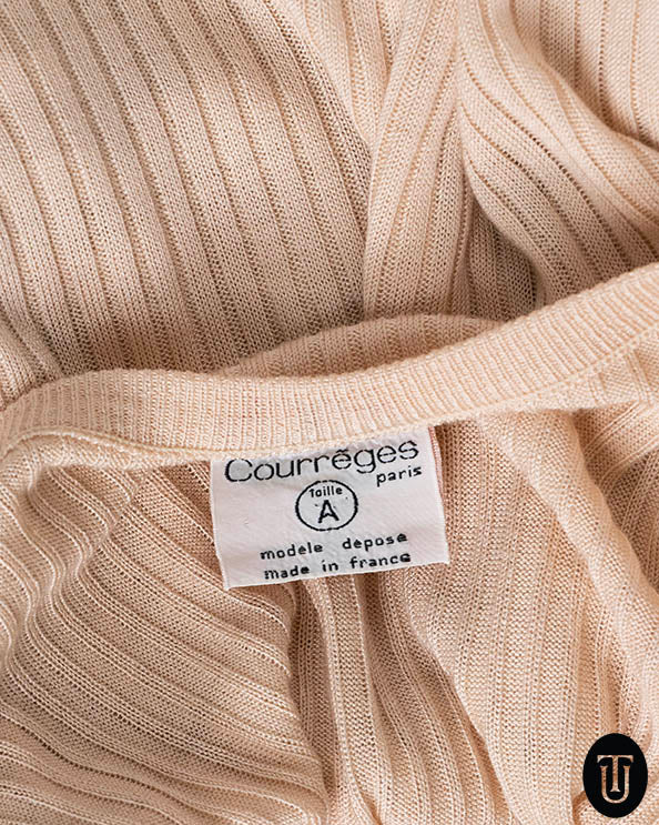 1970s Courreges Pale Peach Rib Knit Cardigan S