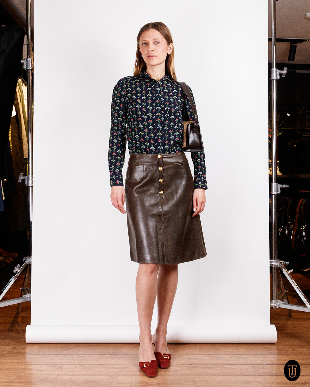 1970s Celine Leather A-line Skirt S