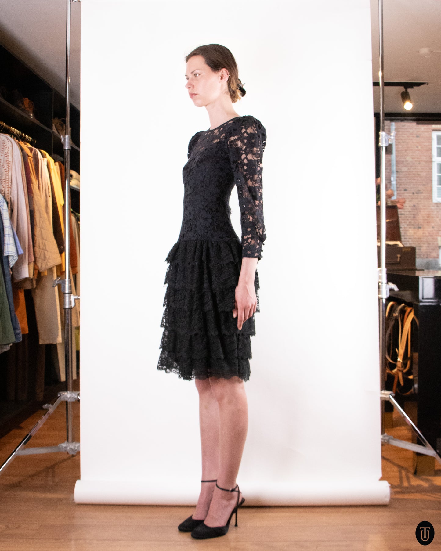 80's Ruffled Lace Party Dress S