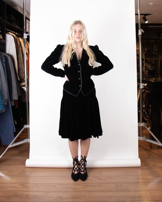 80's Yves Saint Laurent Rive Gauche Silk Velvet Skirt Suit XS