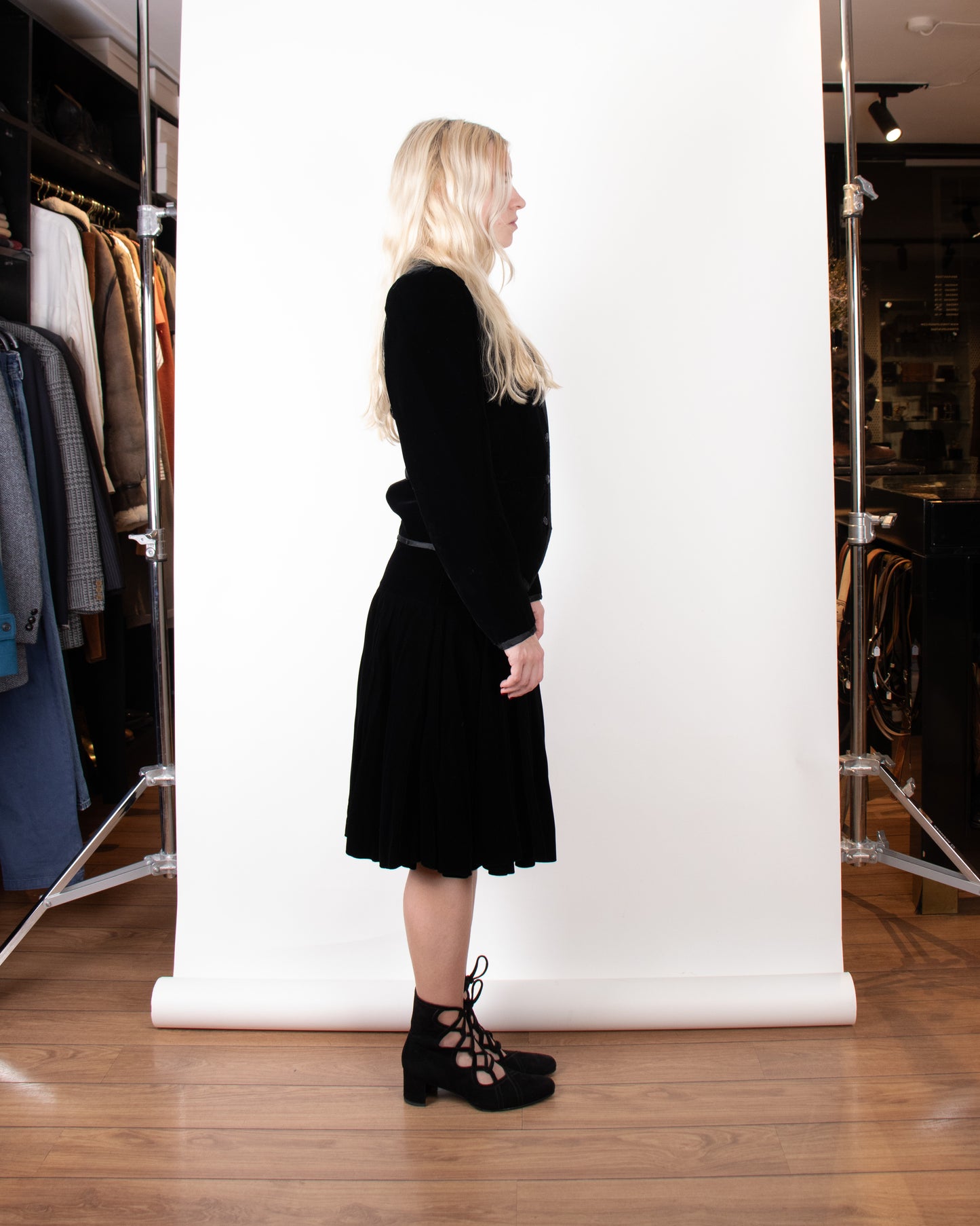 80's Yves Saint Laurent Rive Gauche Silk Velvet Skirt Suit XS