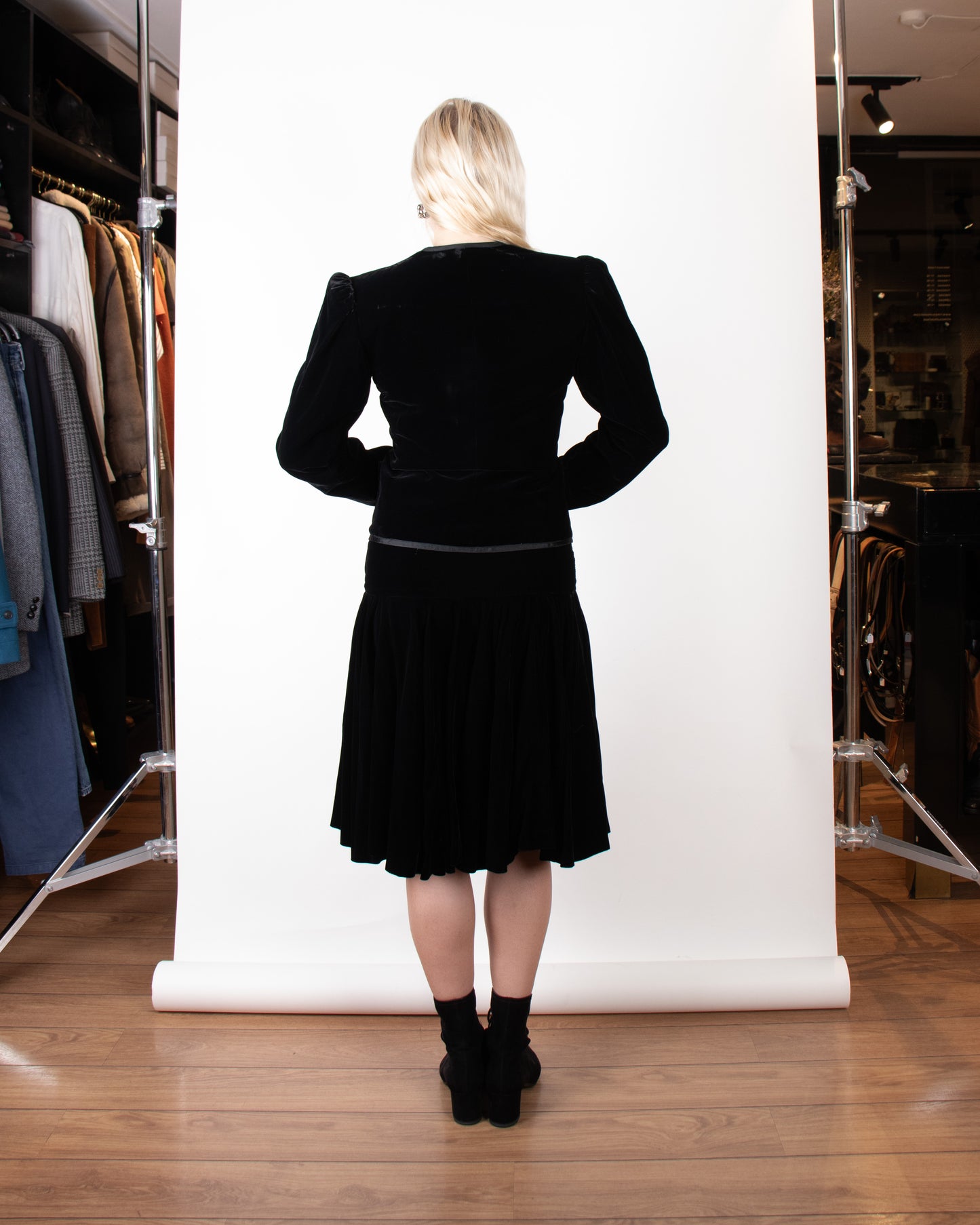 80's Yves Saint Laurent Rive Gauche Silk Velvet Skirt Suit XS