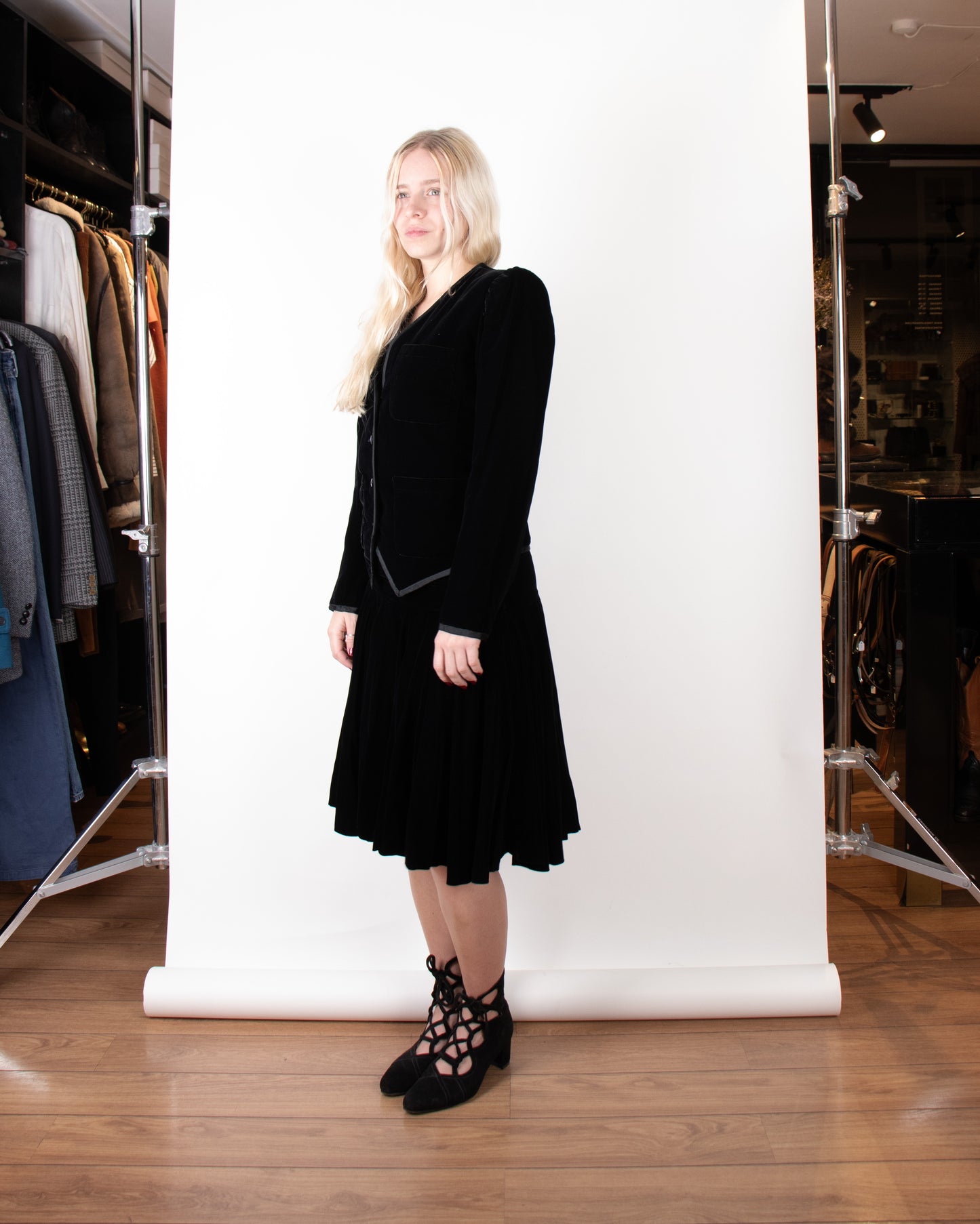 80's Yves Saint Laurent Rive Gauche Silk Velvet Skirt Suit XS