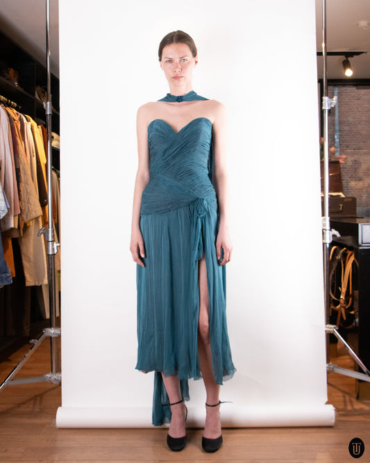 80's Loris Azzaro Teal Silk Chiffon Evening Dress M