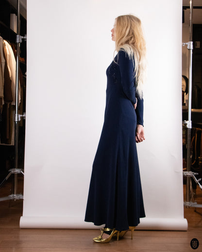 40's Vintage Blue Embellished Silk Gown M