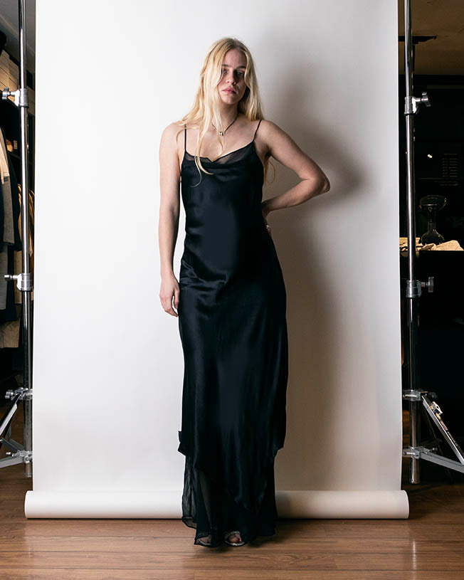 2000s Donna Karan Bias Cut Black Silk Dress M