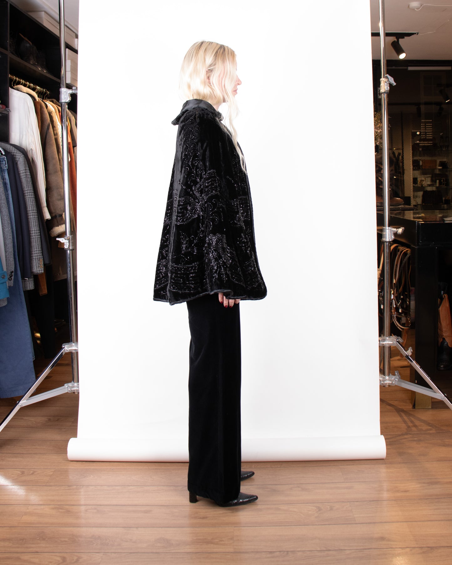Rare 1890s Victorian Black Embellished Silk Velvet Cape M