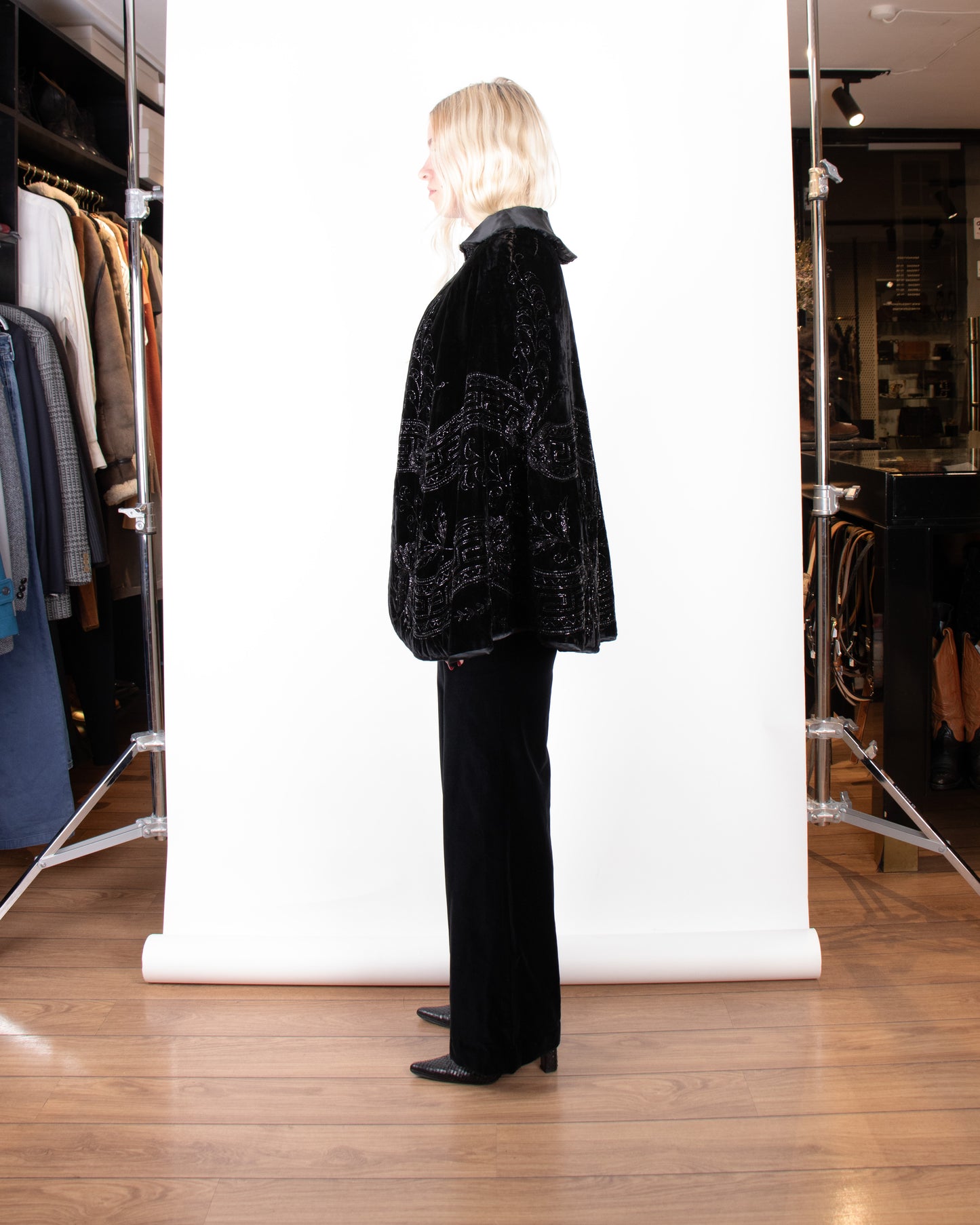 Rare 1890s Victorian Black Embellished Silk Velvet Cape M