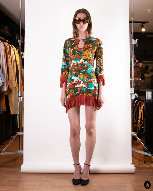 70's Western Fringe Cotton Blend Mini Dress M