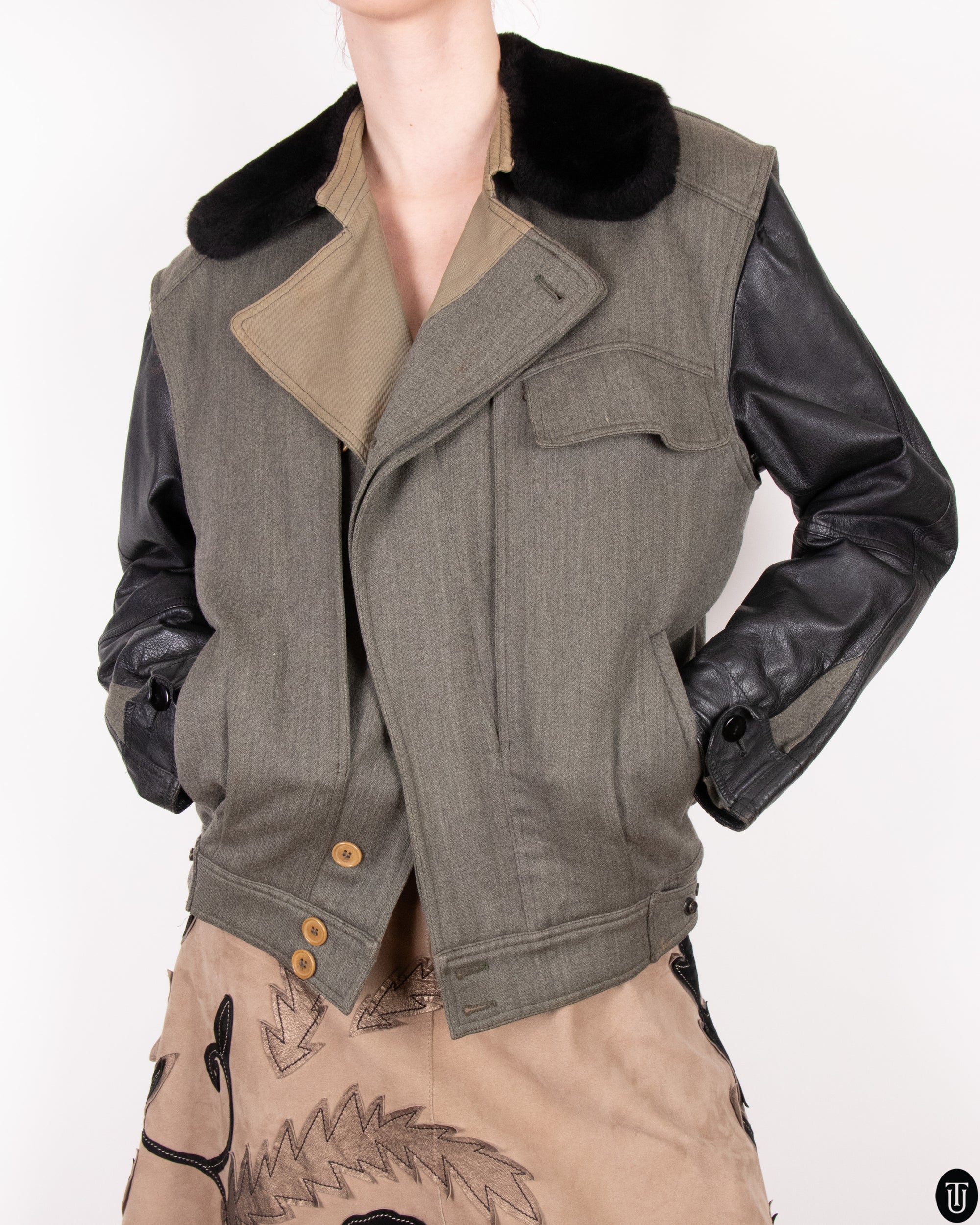 90's Gianfranco Ferre Twill and Leather Moto Jacket M