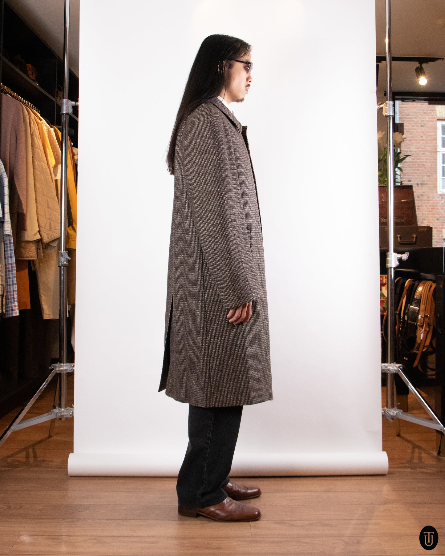 80's Textured Brown Mélange Wool Overcoat L