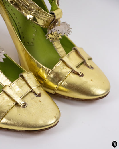00's Etro Golden Green Mary Jane Pumps 37