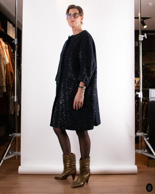 00's Nina Ricci Dark Navy Glitter Coat L