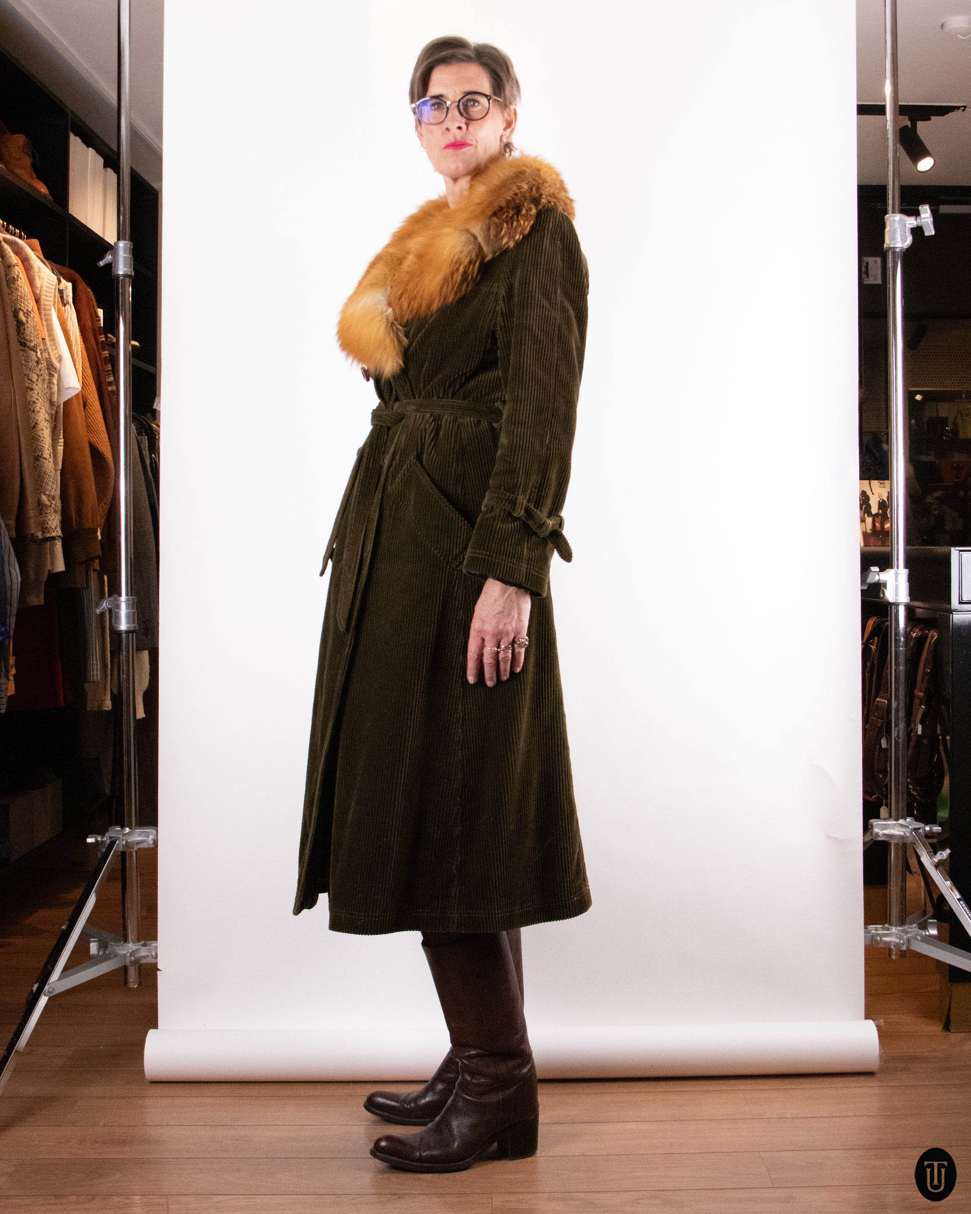 70's Hermes Corduroy & Fox Fur Coat M