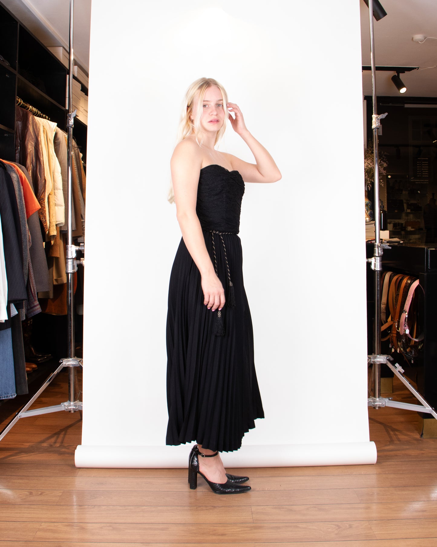 70's Yves Saint Laurent Black Pleated Maxi Skirt S