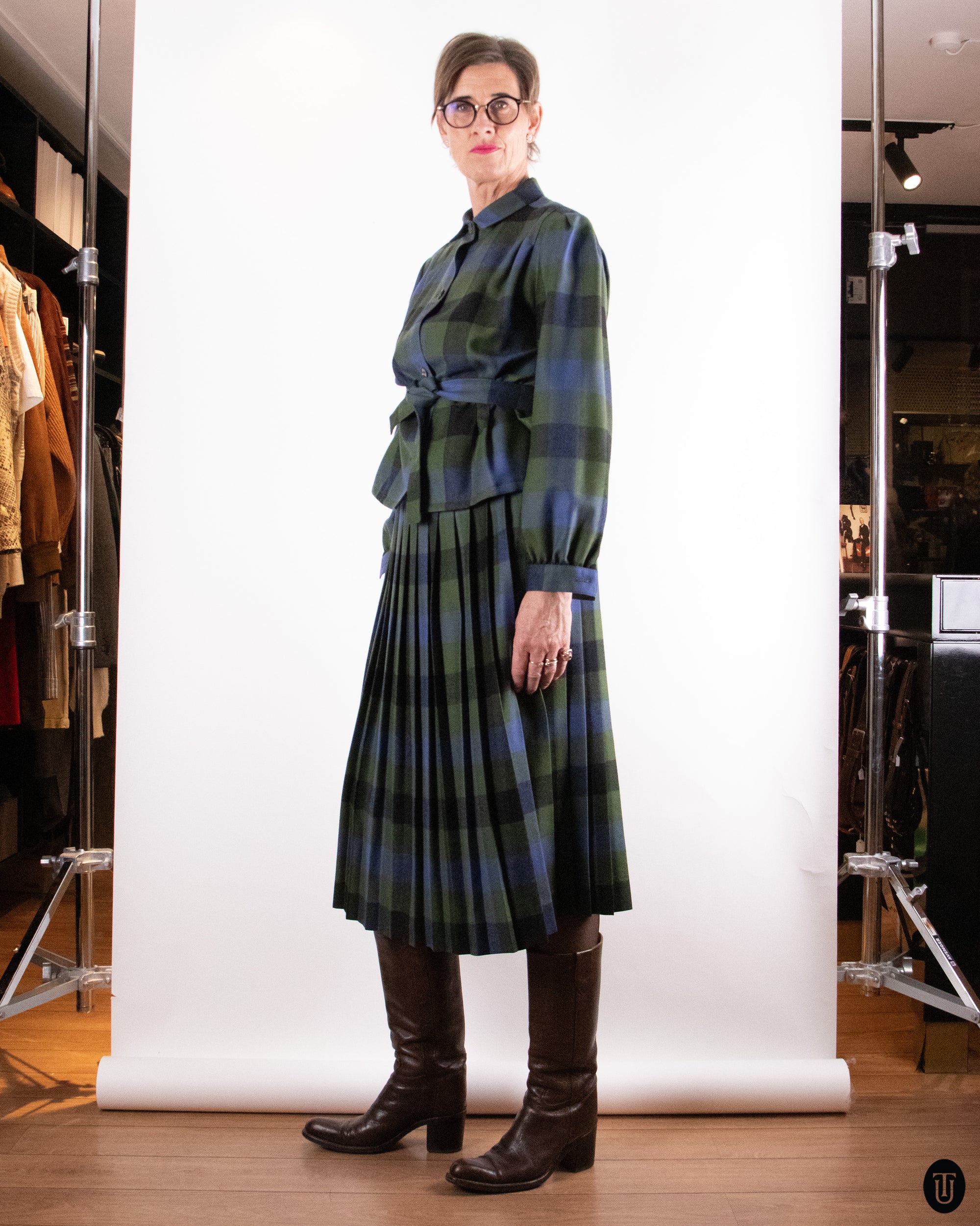 70's Vintage Wool Plaid Skirt Ensemble M