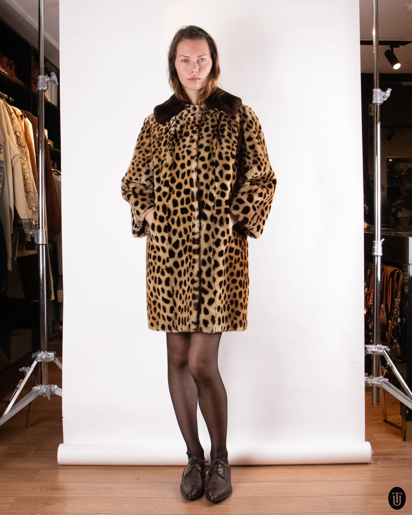 60's Leopard Printed Shearling Coat M