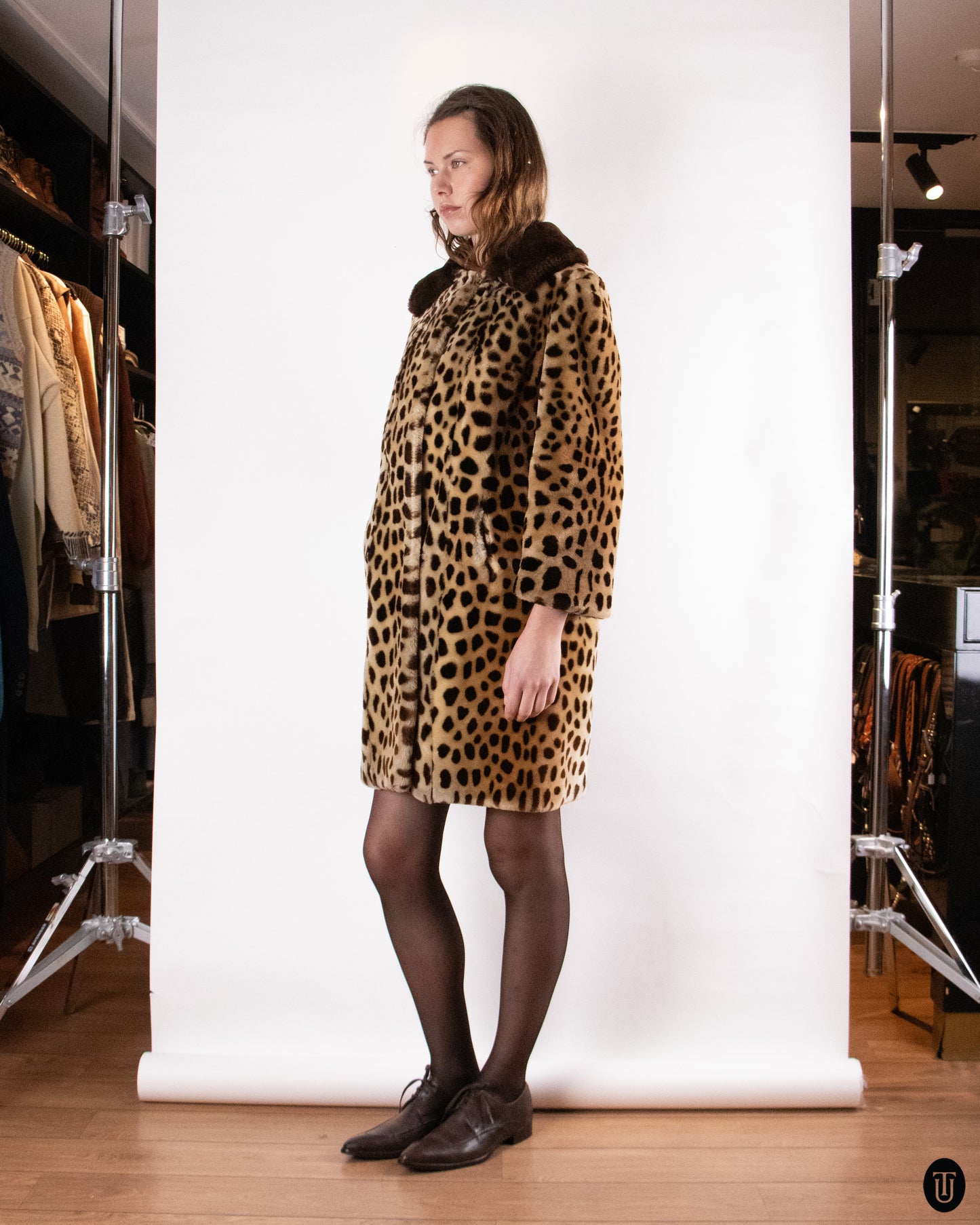 60's Leopard Printed Shearling Coat M