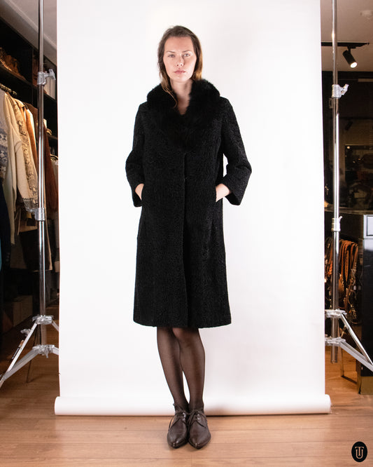 60's Christian Dior Black Broadtail and Mink Fur Coat M
