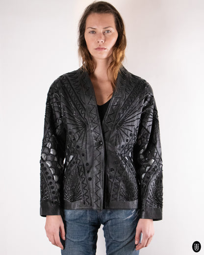 80's Embellished Black Leather Jacket M