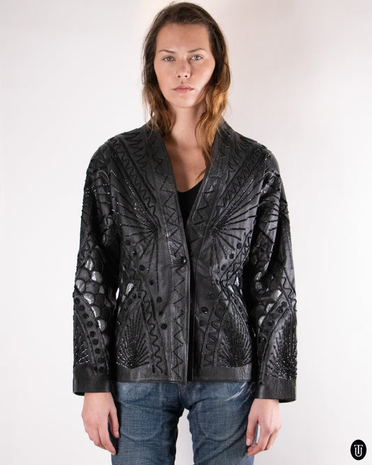 80's Embellished Black Leather Jacket M