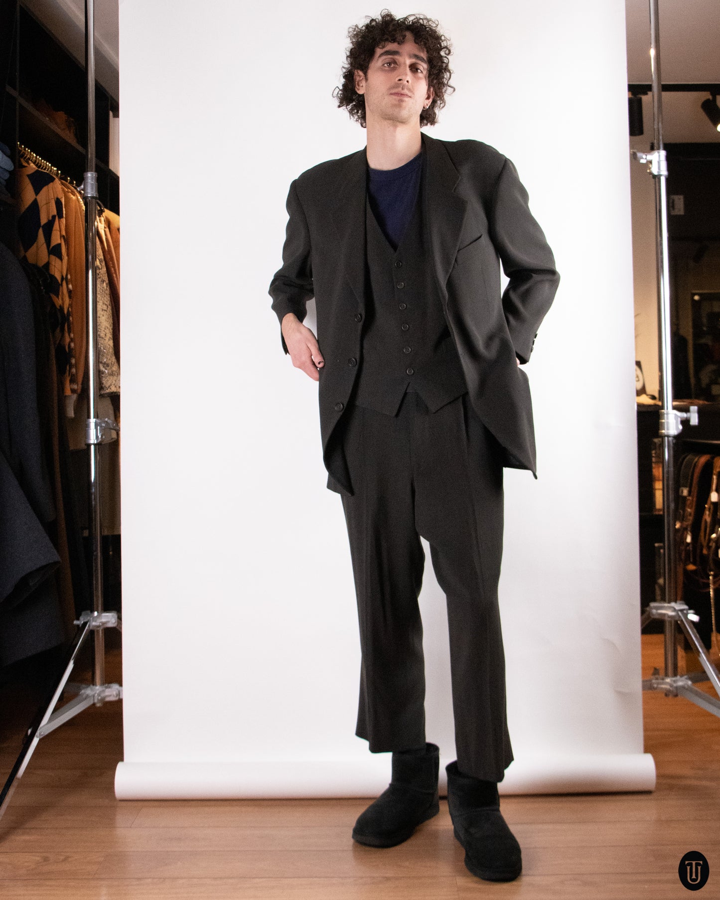 80's Giorgio Armani Black Label Three-piece Wool Blend Suit XL