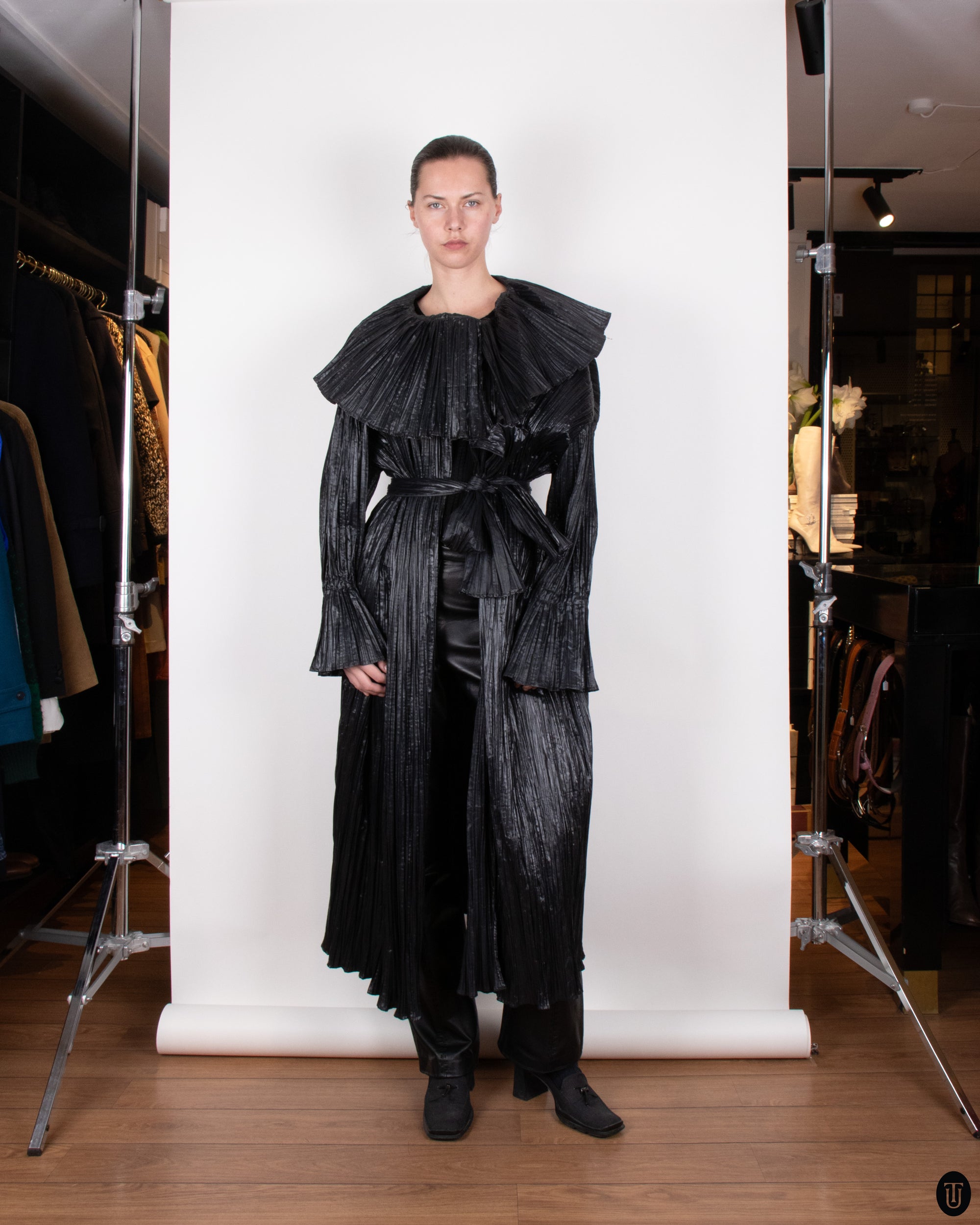 80's Margit Brandt Pleated Black Wrap Coat M