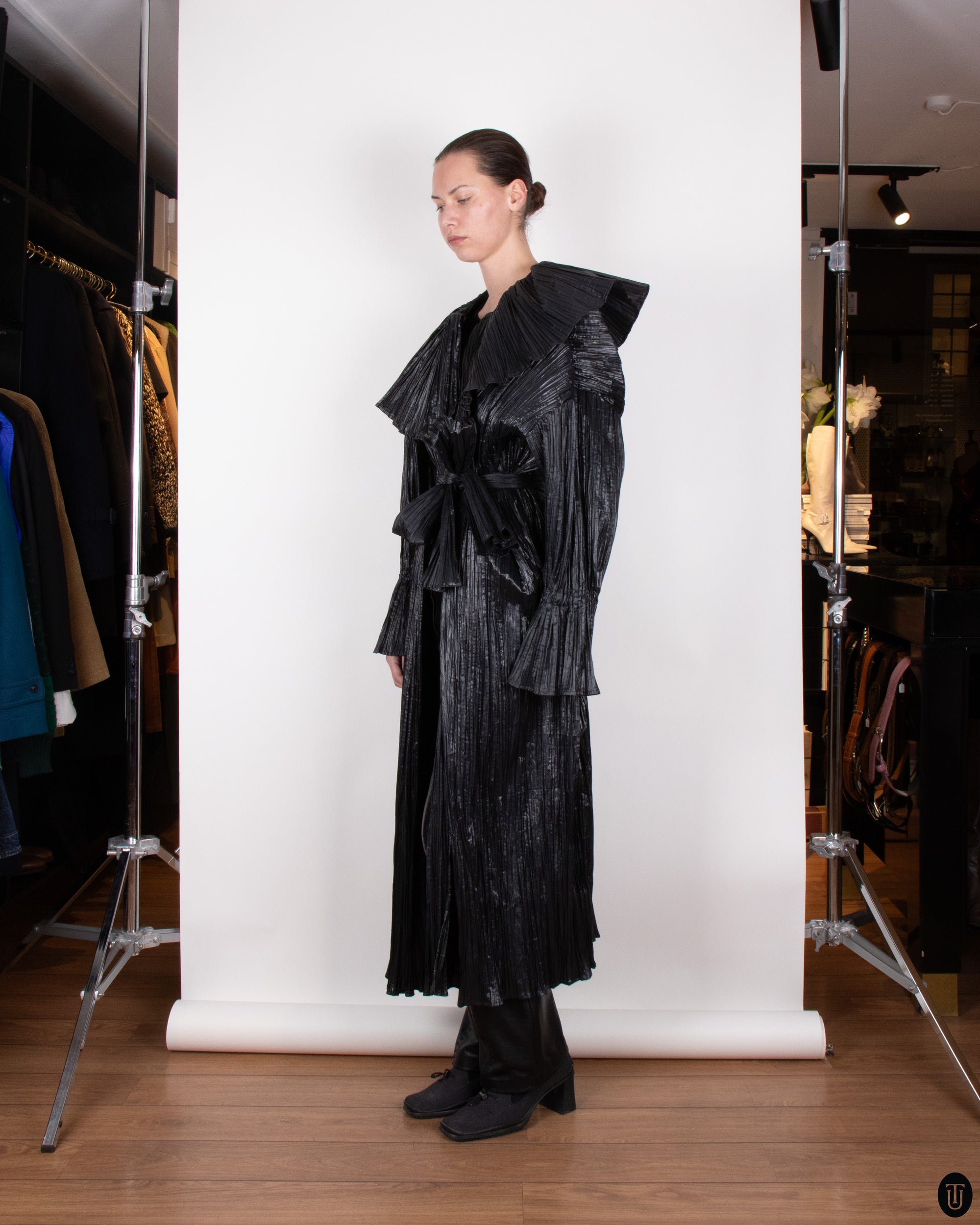 80's Margit Brandt Pleated Black Wrap Coat M