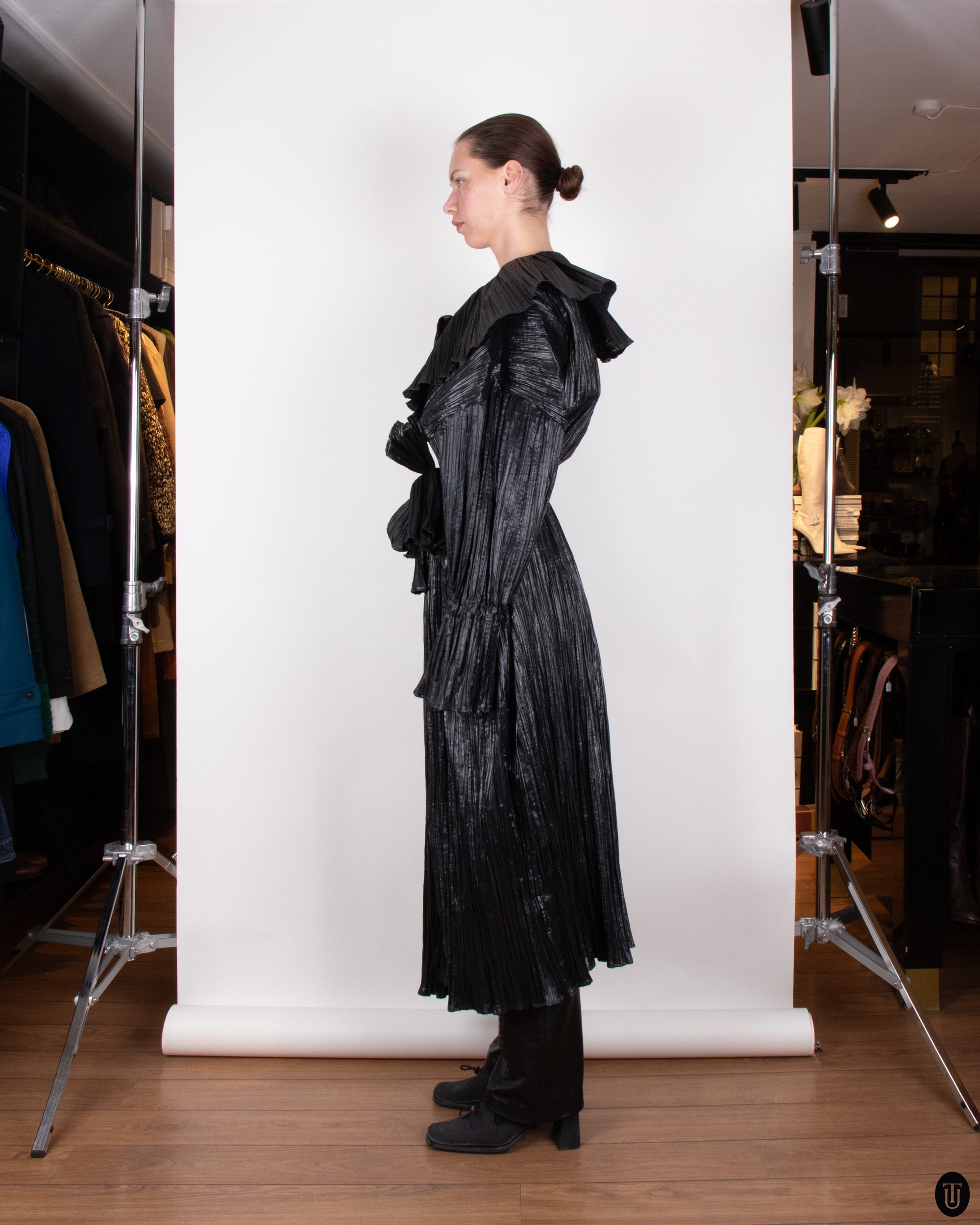 80's Margit Brandt Pleated Black Wrap Coat M