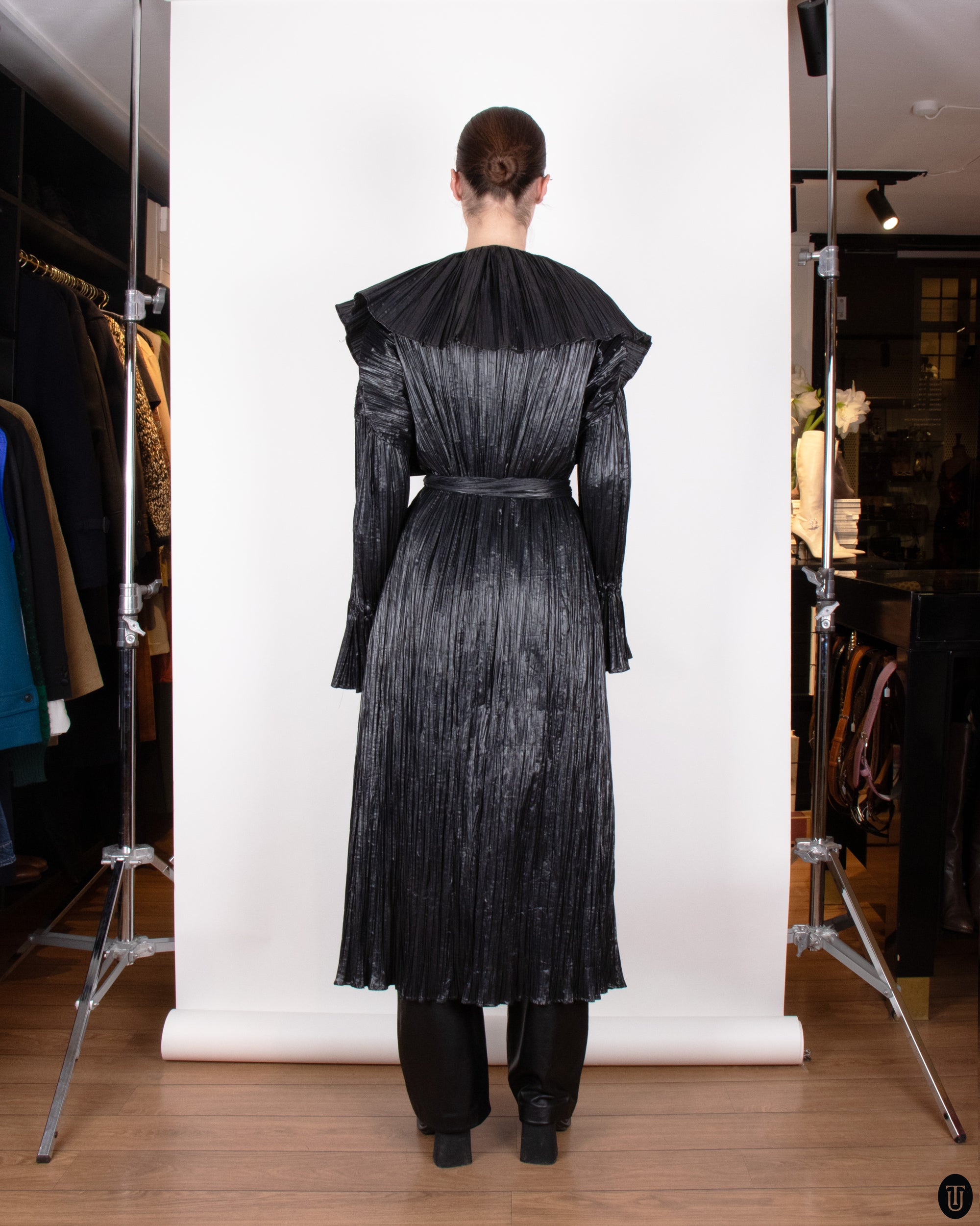 80's Margit Brandt Pleated Black Wrap Coat M