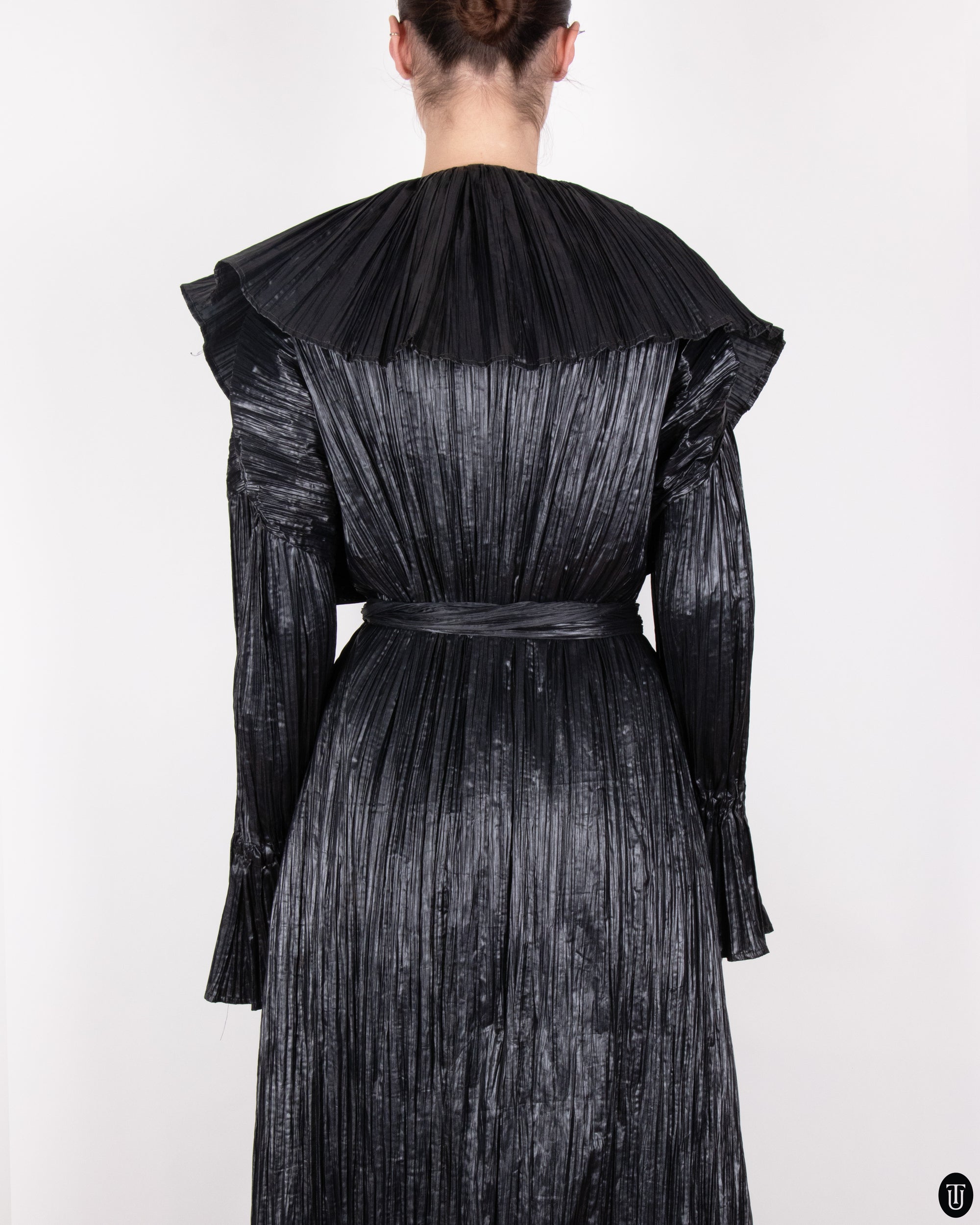 80's Margit Brandt Pleated Black Wrap Coat M