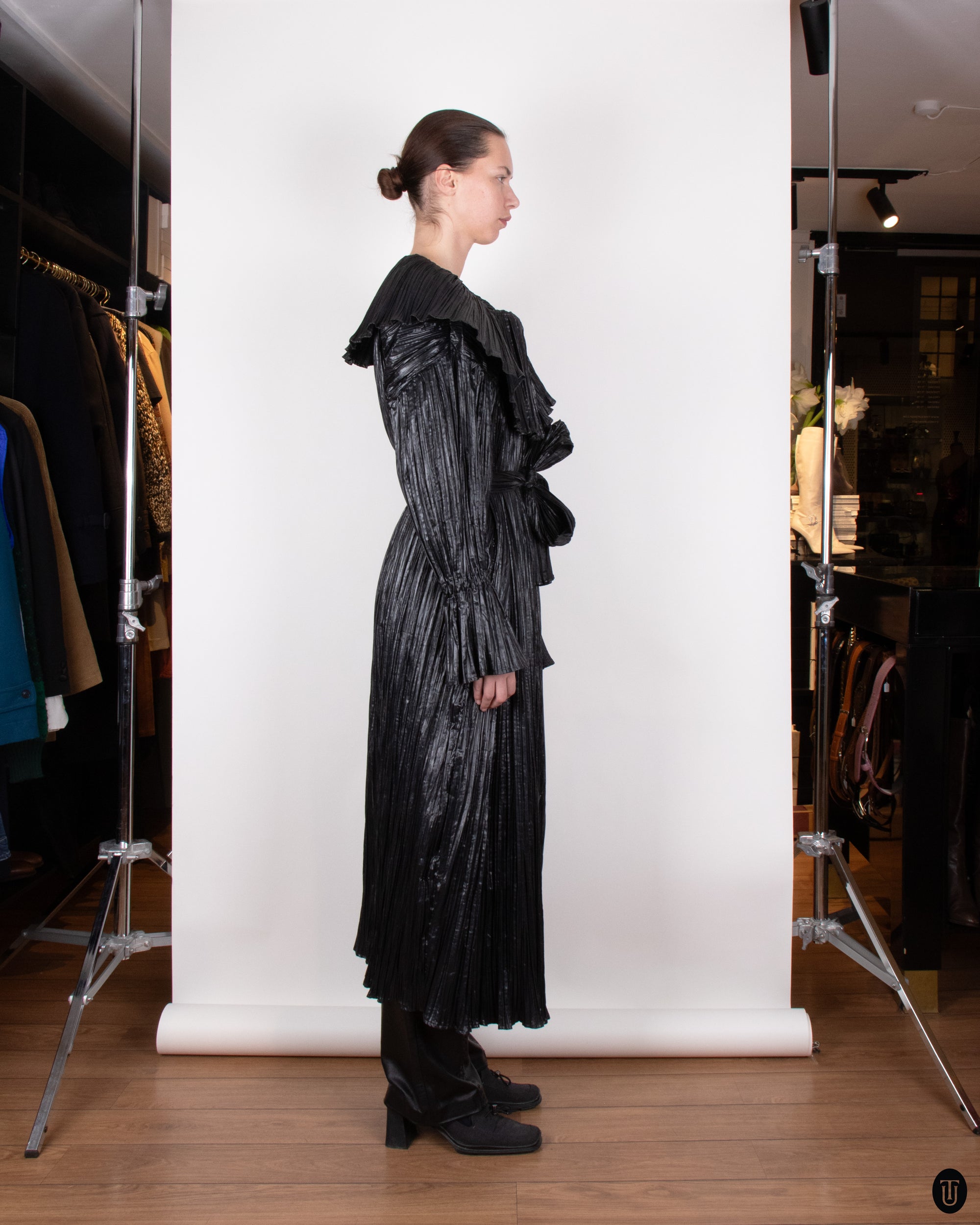 80's Margit Brandt Pleated Black Wrap Coat M