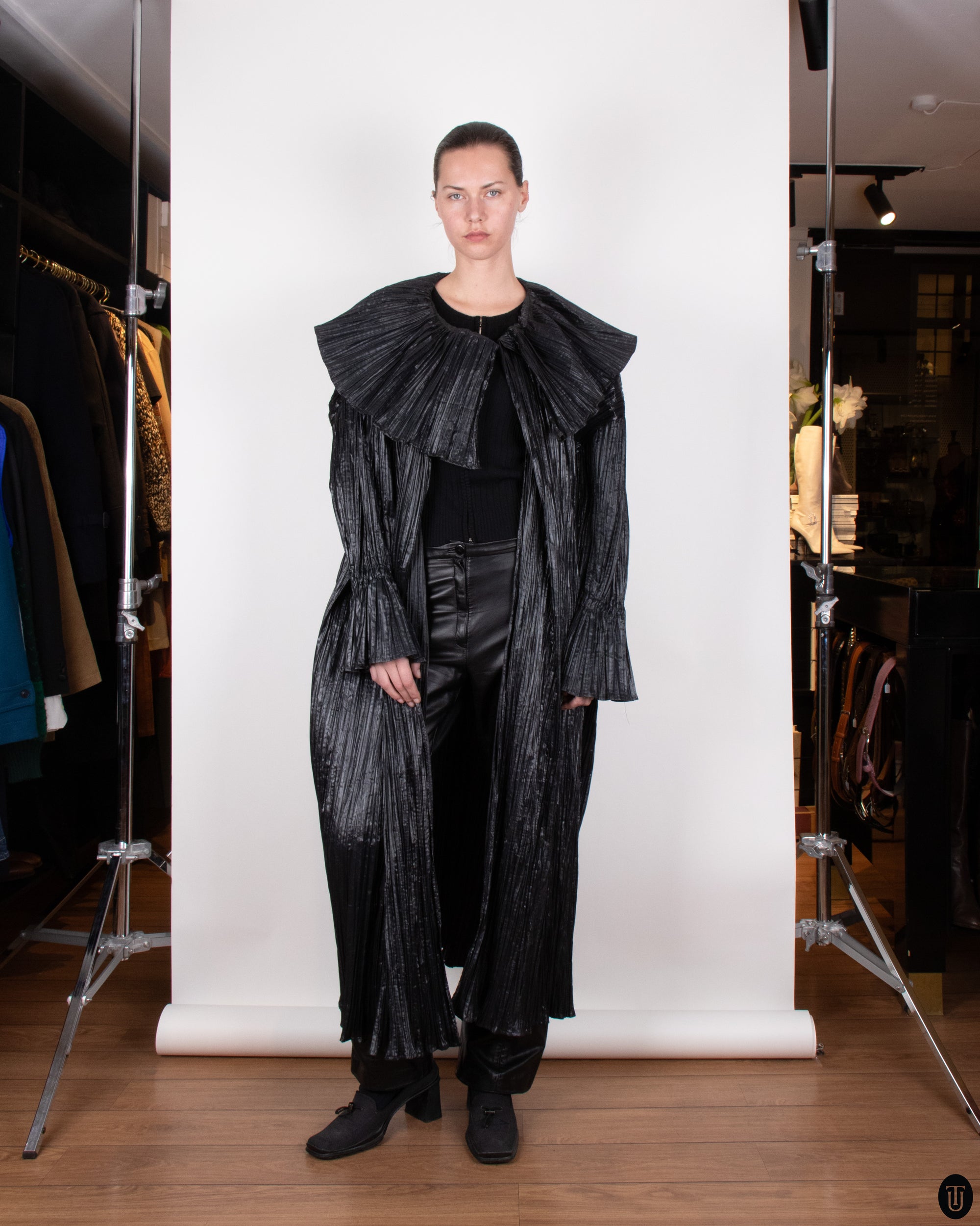 80's Margit Brandt Pleated Black Wrap Coat M