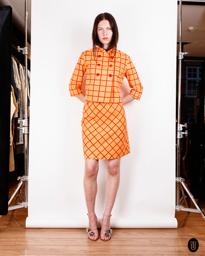 1960s Marimekko Orange Checkered Skirt Suit S
