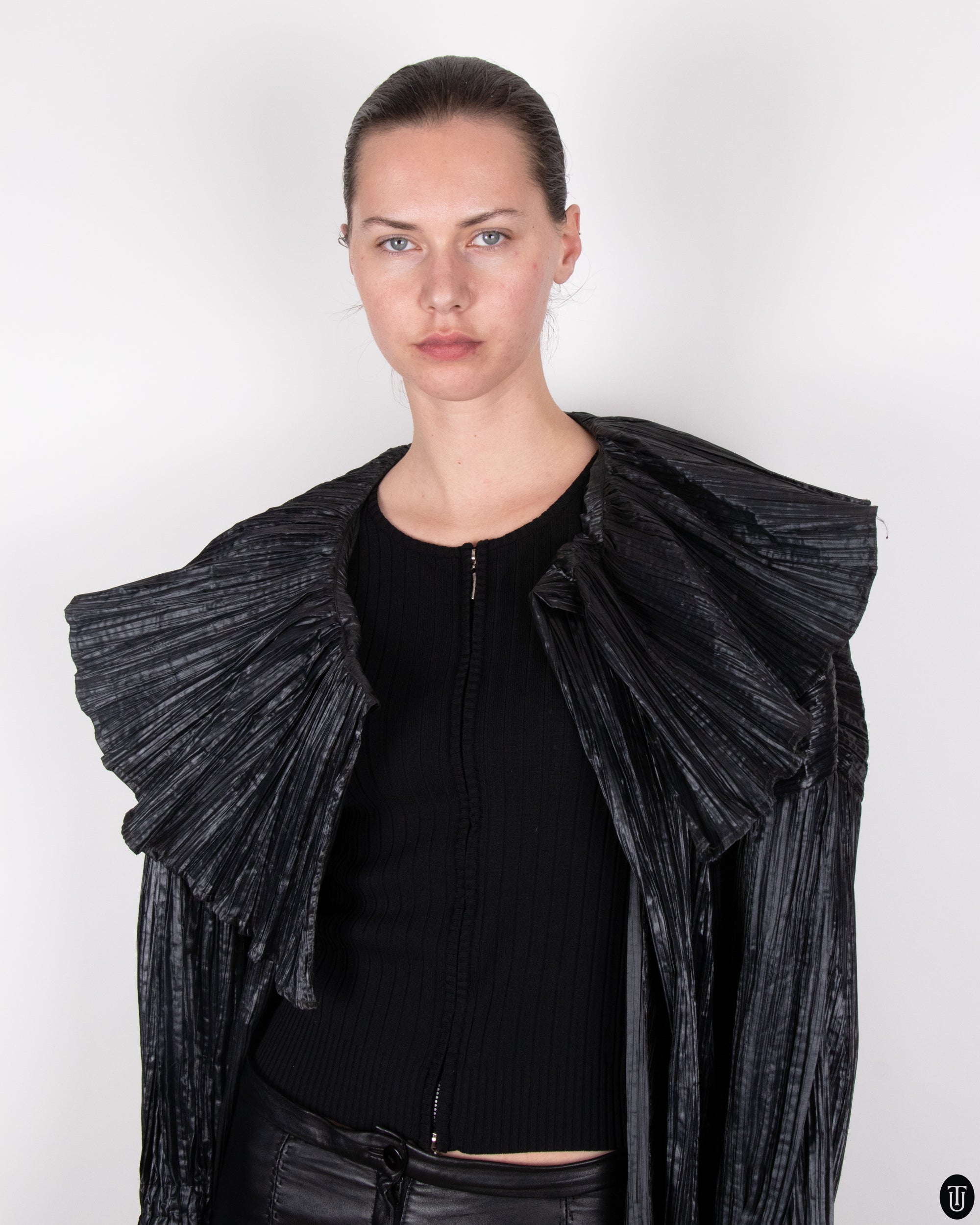 80's Margit Brandt Pleated Black Wrap Coat M
