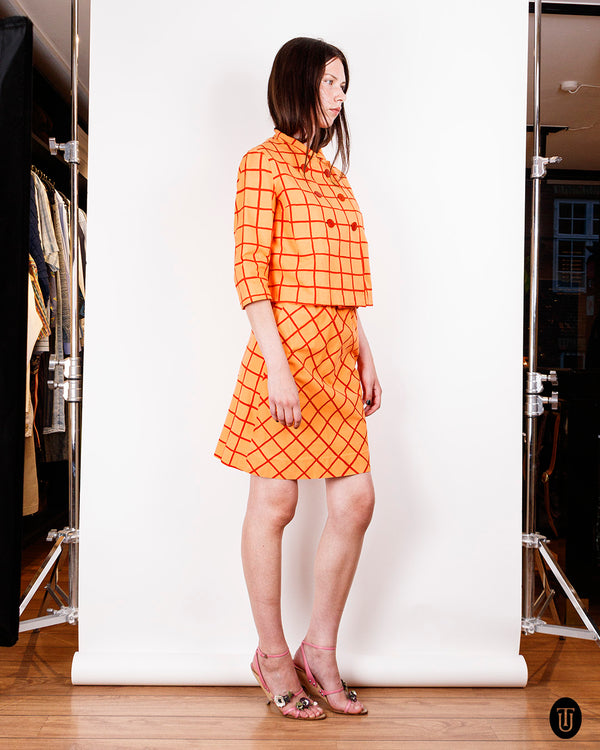 1960s Marimekko Orange Checkered Skirt Suit S