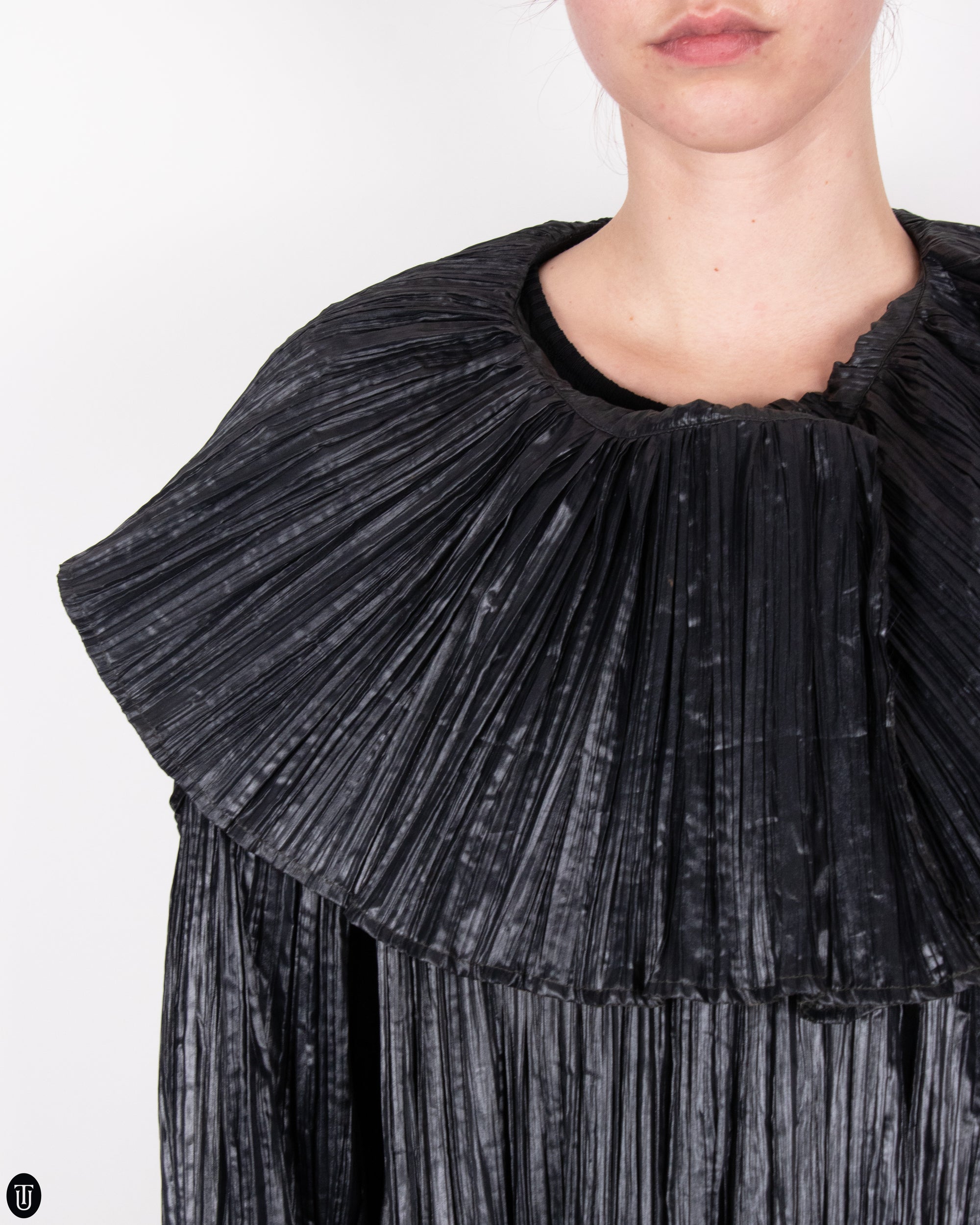 80's Margit Brandt Pleated Black Wrap Coat M