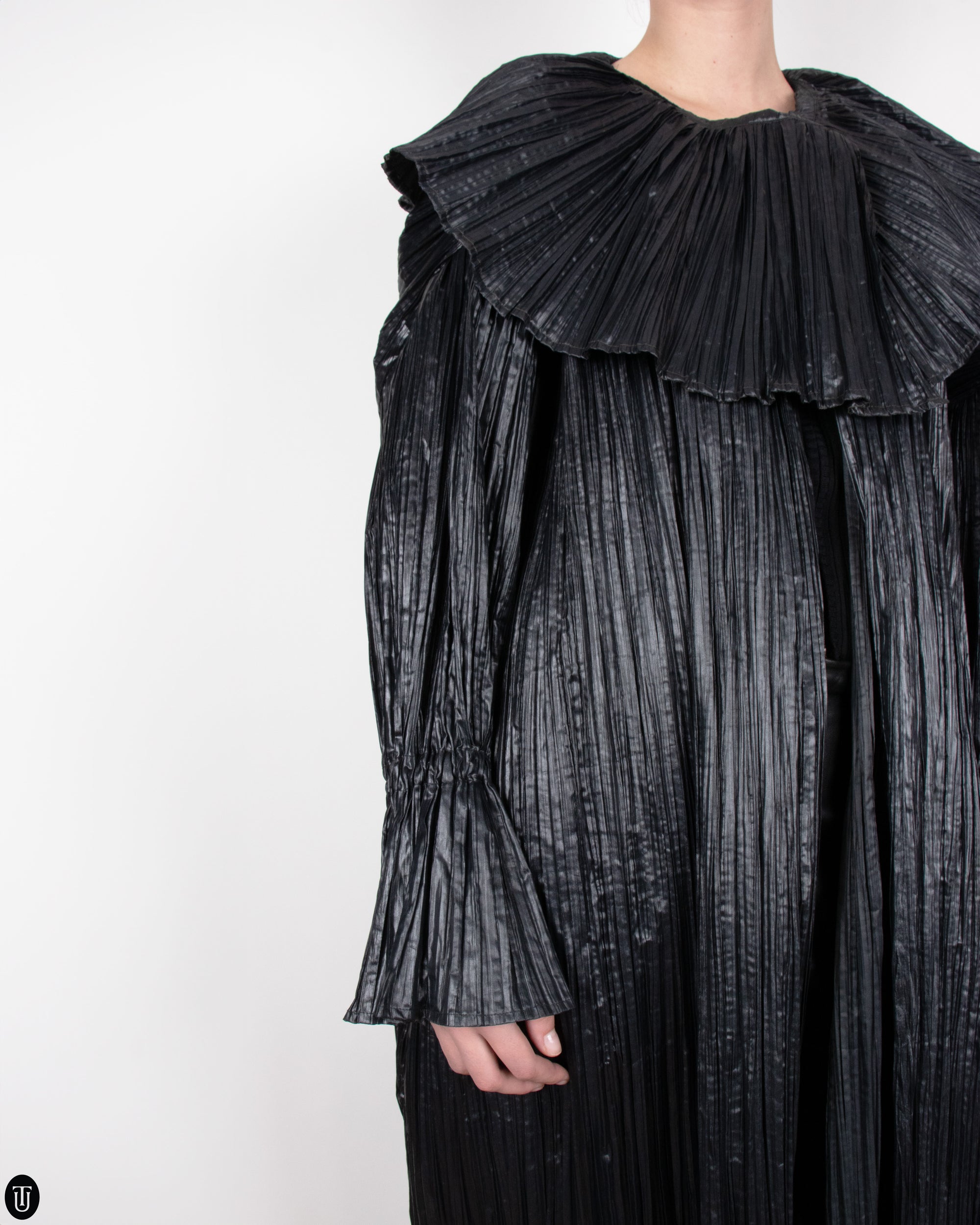 80's Margit Brandt Pleated Black Wrap Coat M