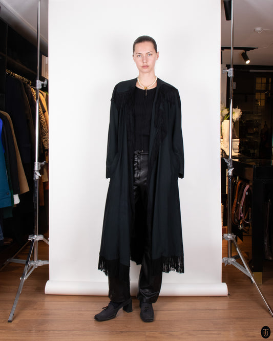 SS89 Moschino Couture Black Fringe Wrap Coat L
