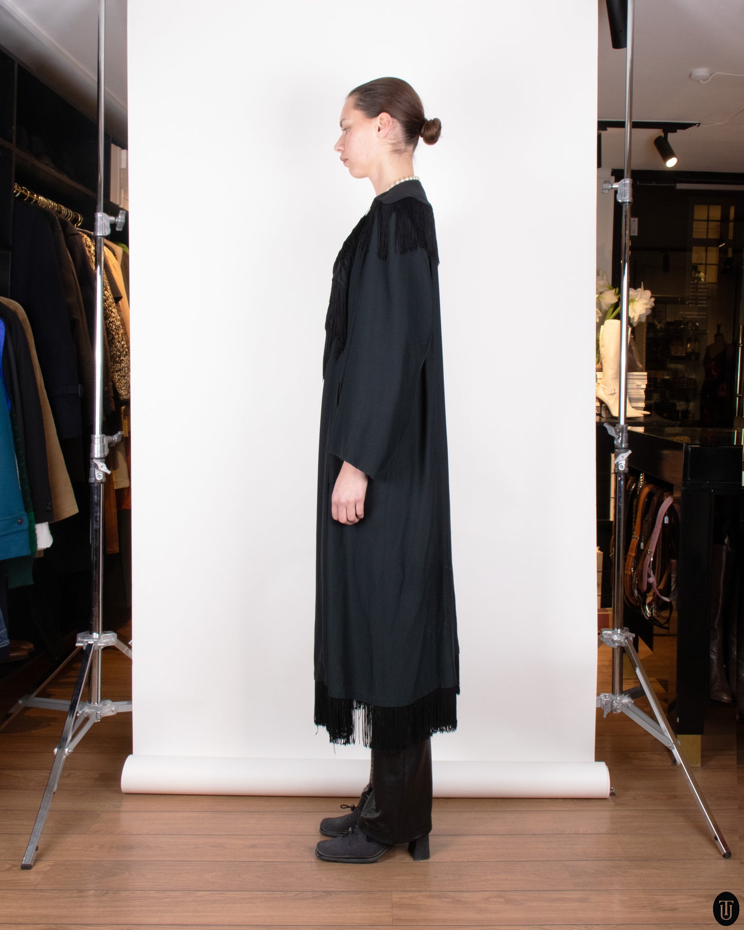 SS89 Moschino Couture Black Fringe Wrap Coat L