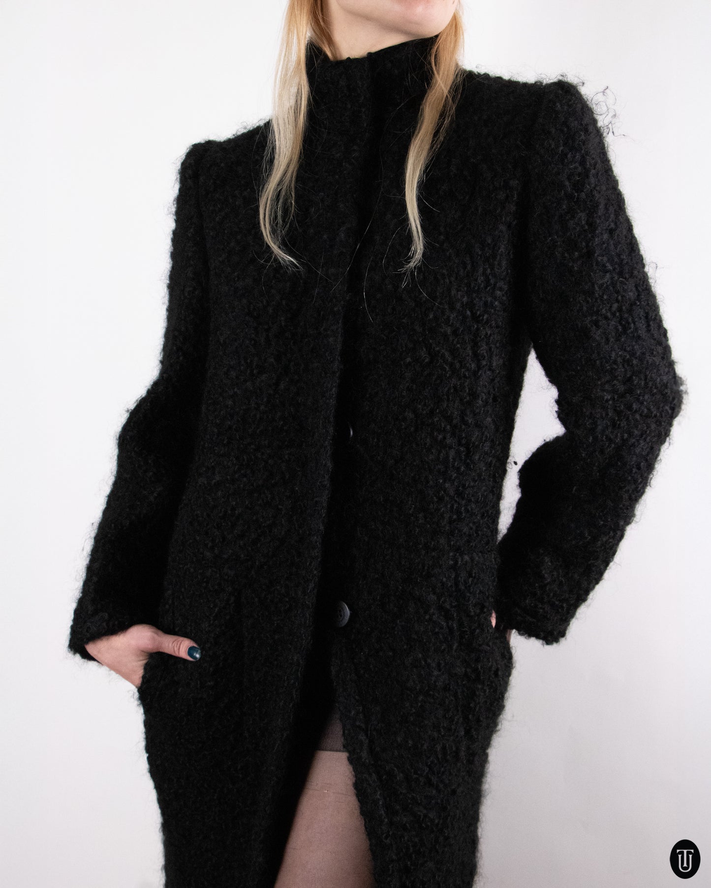 90's Italian Black Wool-blend Coat S