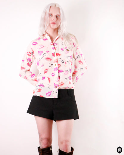 90's Chanel Lipstick Print Silk Blouse M