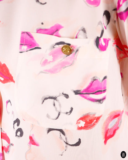 90's Chanel Lipstick Print Silk Blouse M