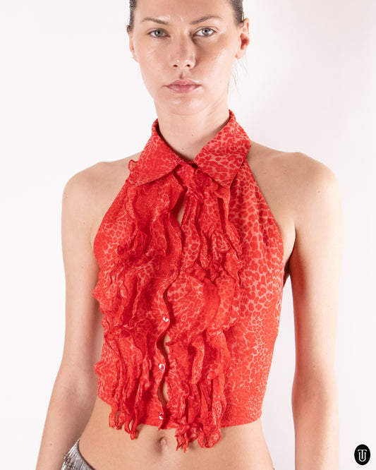 00's Blumarine Backless Red Ruffled Silk Top S