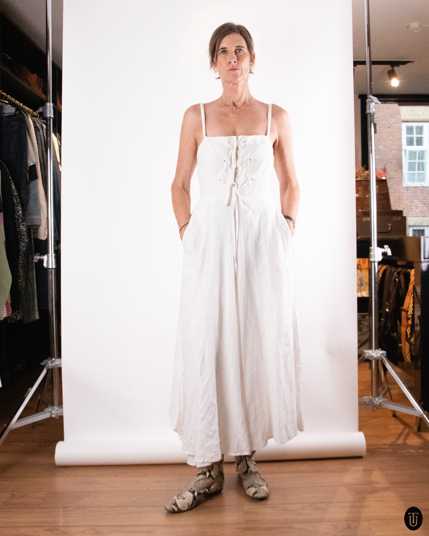 80's Montana White Linen Lace Up Dress M