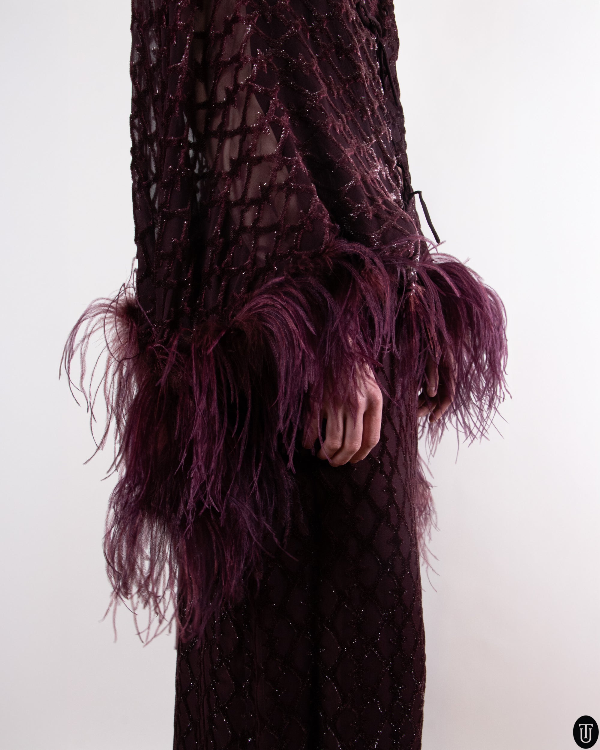00's Mogens Eriksen Haute Couture Feathered Cape Gown M