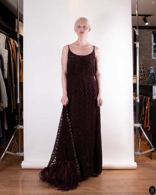 00's Mogens Eriksen Haute Couture Feathered Cape Gown M