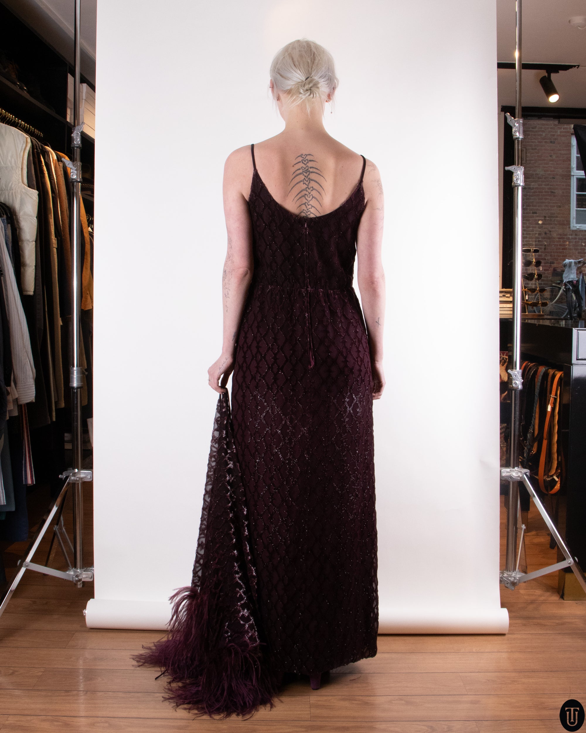00's Mogens Eriksen Haute Couture Feathered Cape Gown M