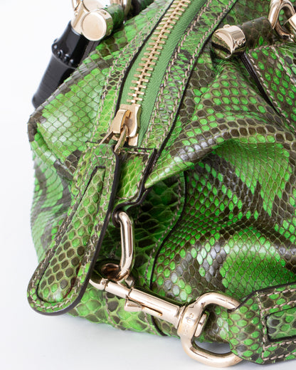 00s Gucci Green Python Pop Handbag with Bamboo Handle