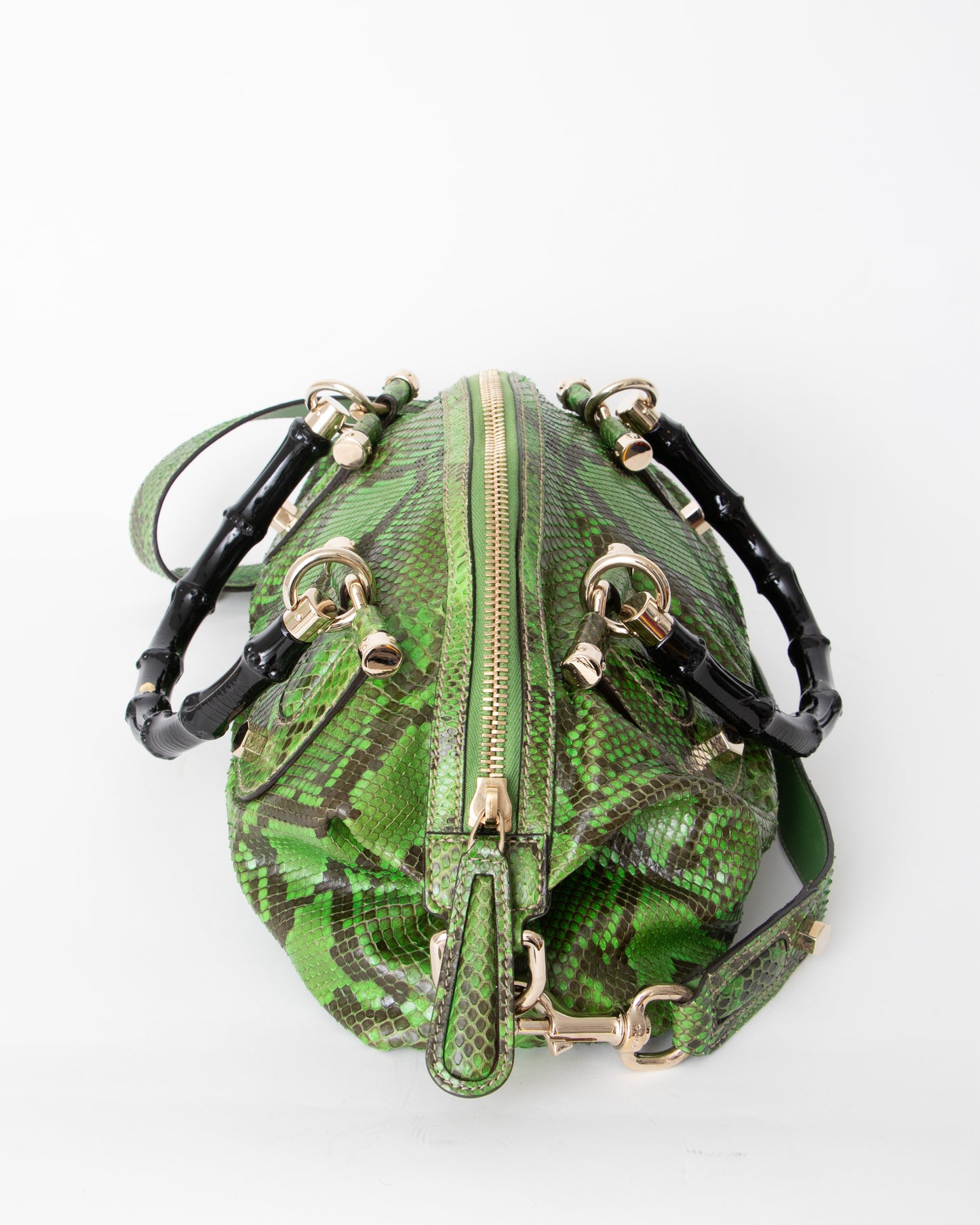 00s Gucci Green Python Pop Handbag with Bamboo Handle